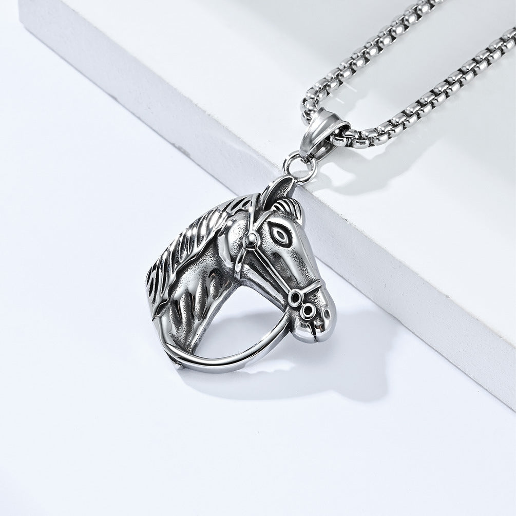 Planderful Mens Horse Head Necklace Personalized Retro Titanium Steel Pendant For Horse Racing Fans