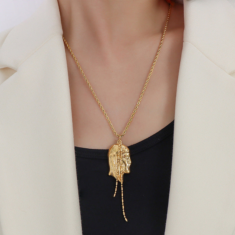 Frosty Titanium Steel Gold Portrait Necklace by Planderful