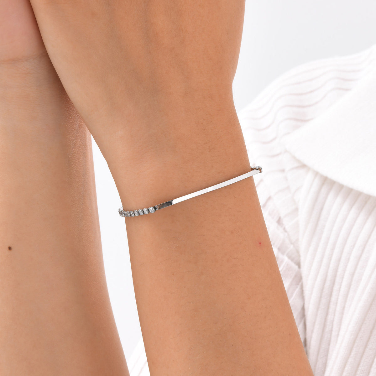 Stainless Steel White Zircon Chain Curved Bar Bracelet Women's Steel Color