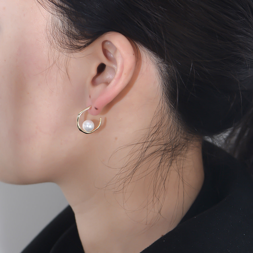 Geometric C-Shaped Shell Bead Silver Stud Earrings S925 Sterling Silver Pearl Earrings