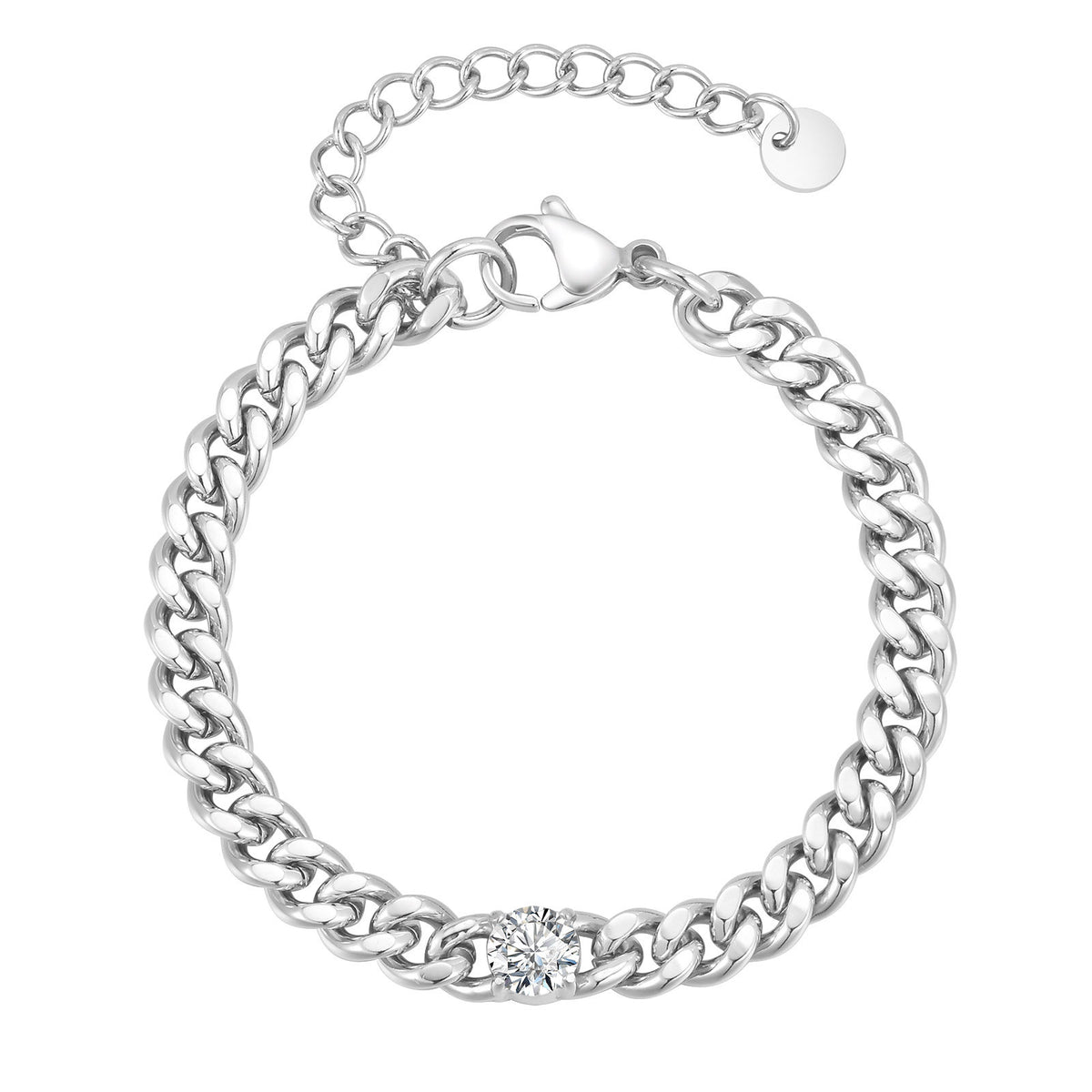 Men's Street Stainless Steel Cuban Chain Single Round White Zircon Bracelet