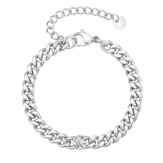 Men's Street Stainless Steel Cuban Chain Single Round White Zircon Bracelet