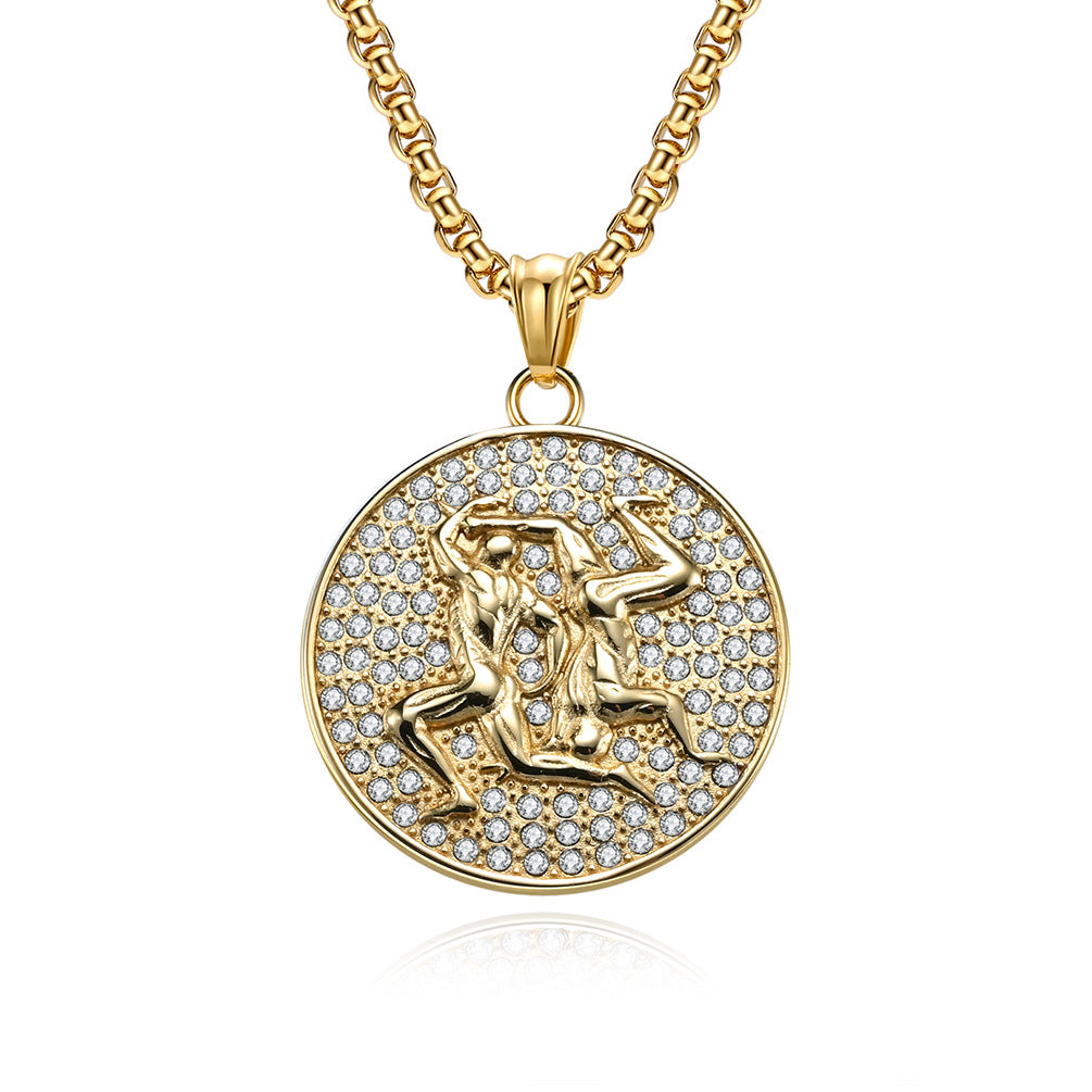 Planderful Twelve Constellations Zircon Titanium Steel Pendant For Hip Hop Style Fans