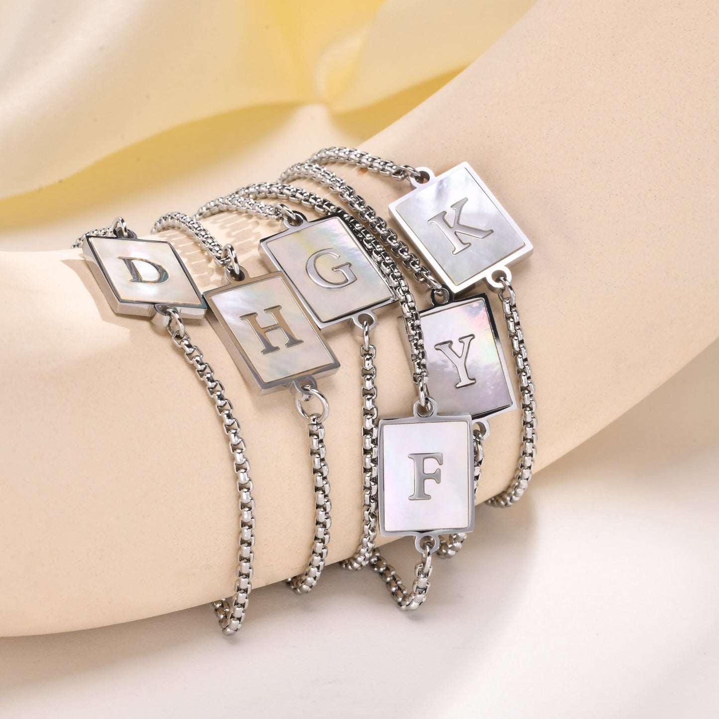 Stainless Steel Shell Letter Square Pearl Chain Ladies Bracelet