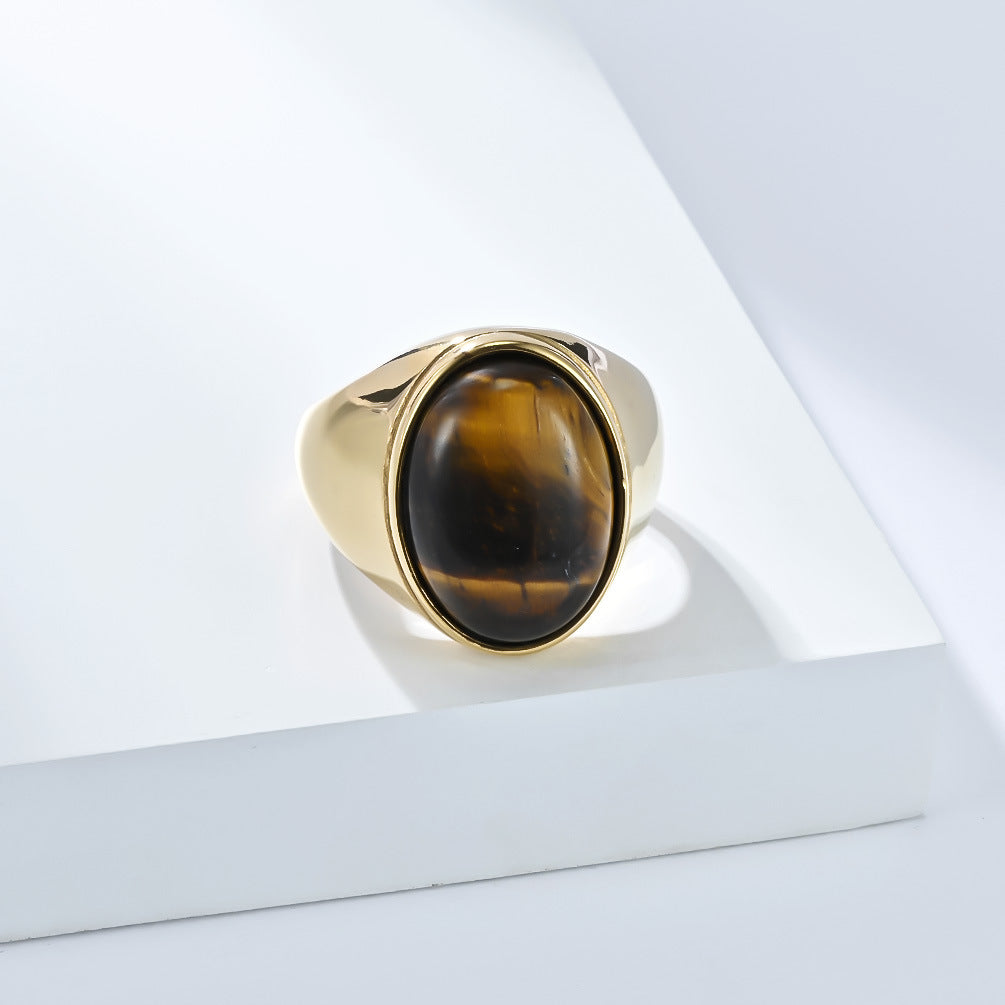 Planderful Men's Tiger's Eye Ring With Smooth Egg Shaped Stone Titanium Steel Jewelry For Everyday Style