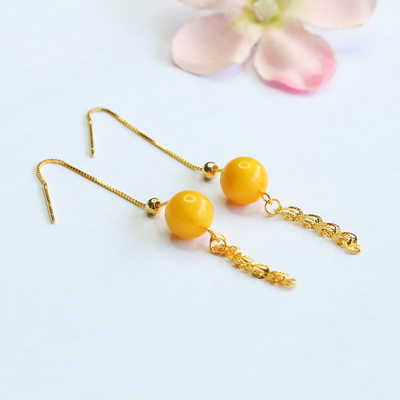 Yellow Beeswax Amber Wheat & Phoenix-Tail Threader Earrings
