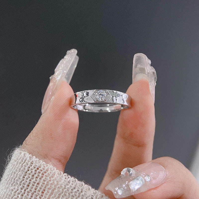 Round Zircon Concave Surface Opening Sterling Silver Ring