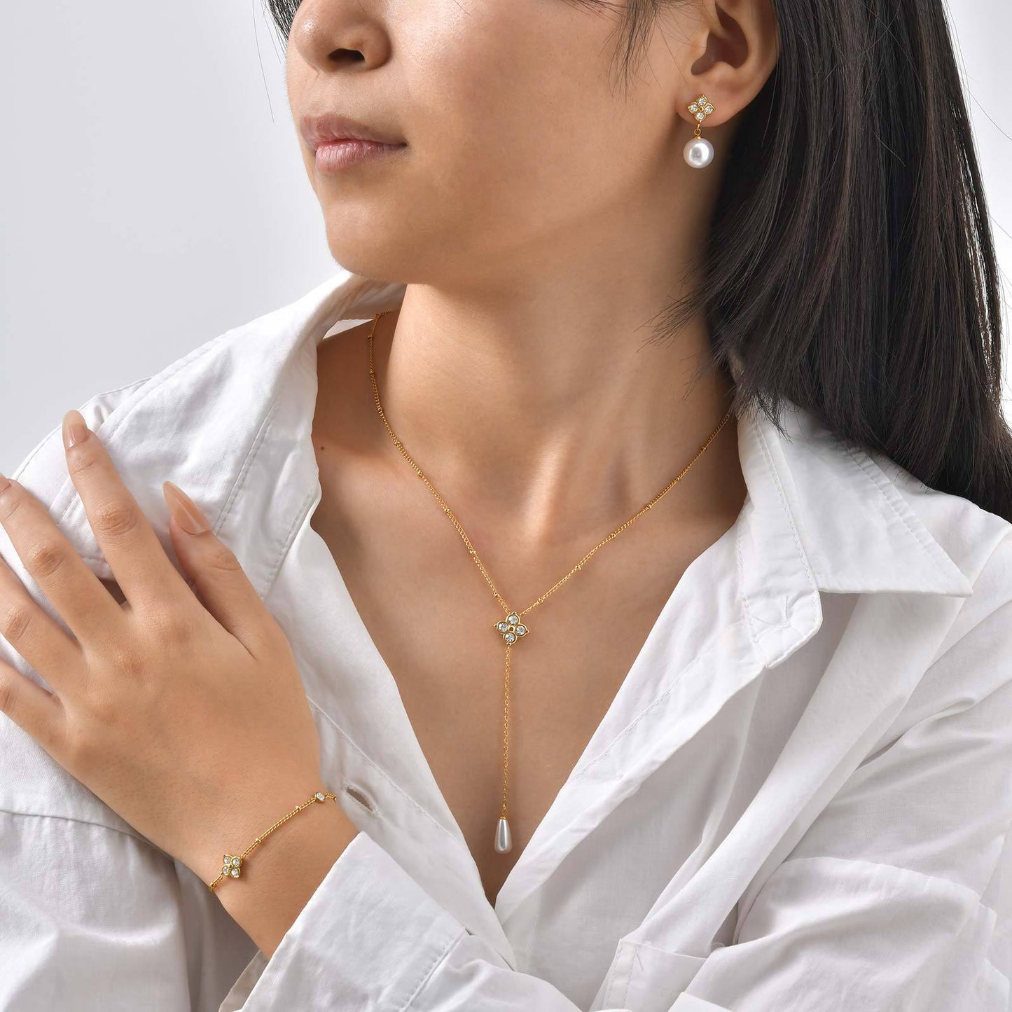Stainless Steel Four-Leaf Clover Pearl Earrings Women's Necklace