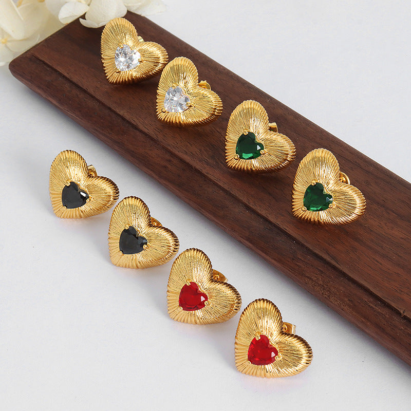 Textured Heart-Shaped Zircon Stud Earrings with French Flair