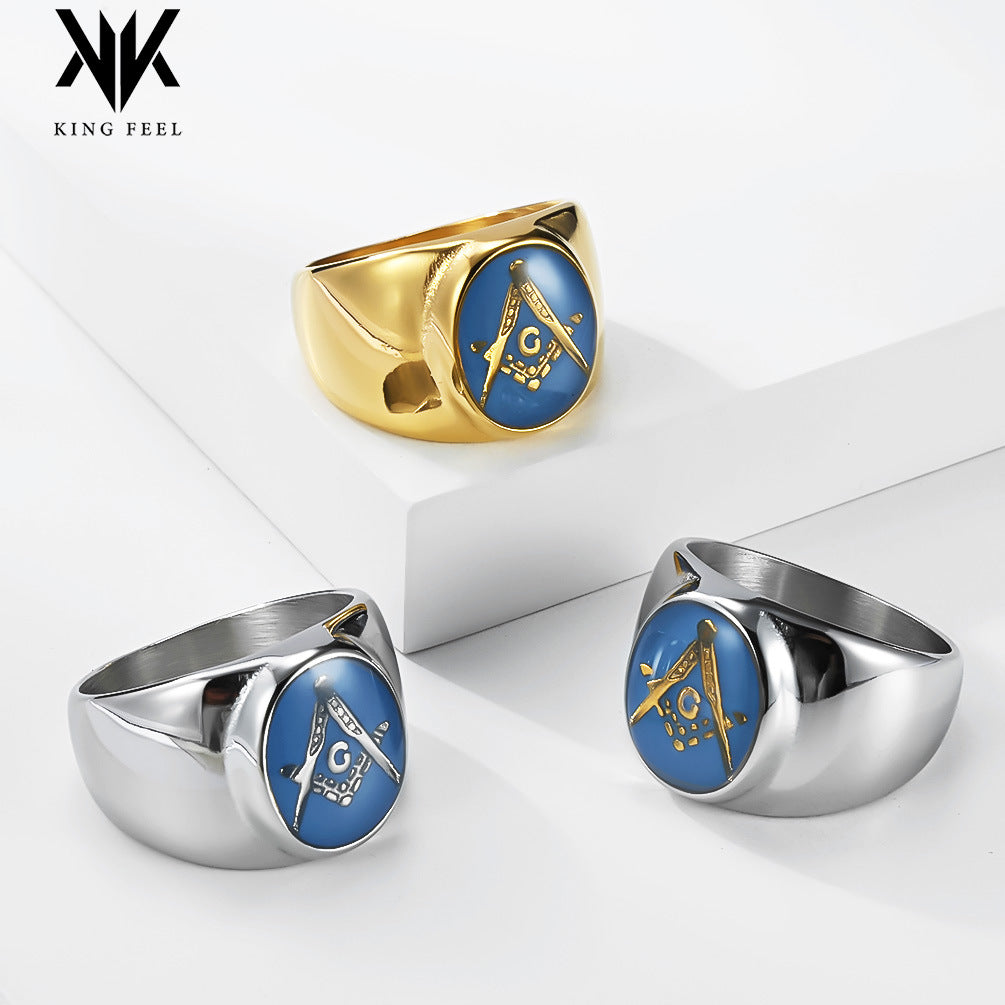 Blue Enamel Masonic 18K Gold-Plated Stainless Steel Ring for Men