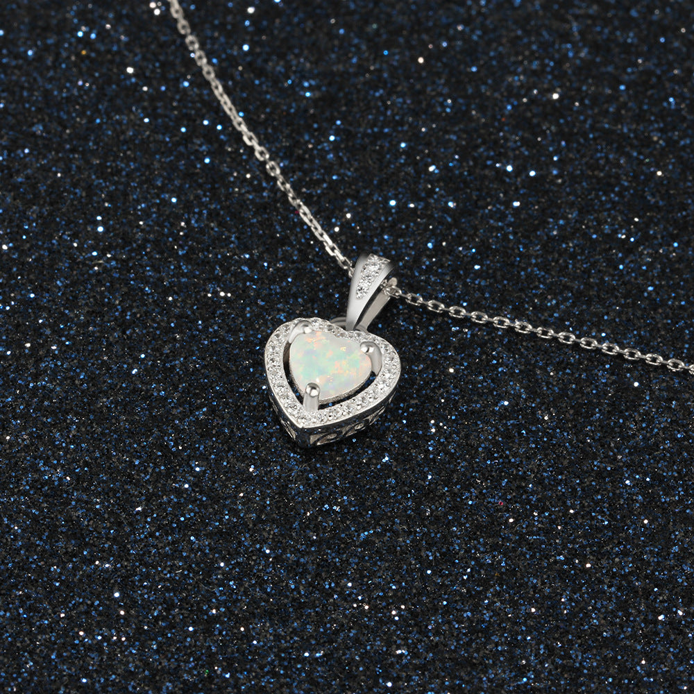 Planderful Jewelry Opal Heart Necklace In Sterling Silver With Zircon Accent For Modern Everyday Wear