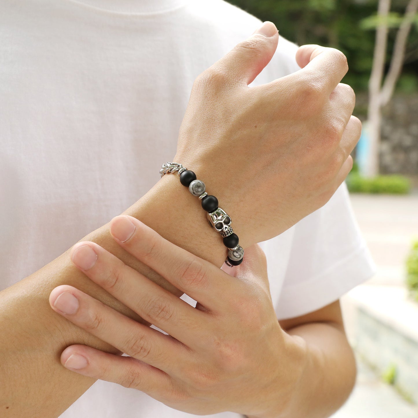 Hip Hop Wind Keel Chain Frosted Agate Skull Bracelet Men's