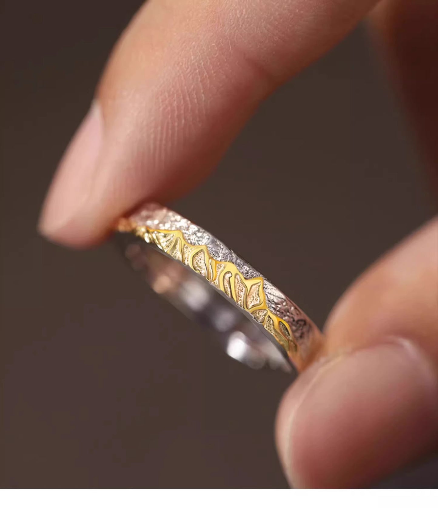 Planderful Sterling Silver Couple Ring 925 Adjustable Open Band With Golden Mountain Design For Her Gift