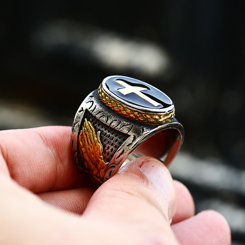 Titanium Steel Cross Epoxy Ring with Stainless Steel Casting Prayer Hands - Wholesale for Men