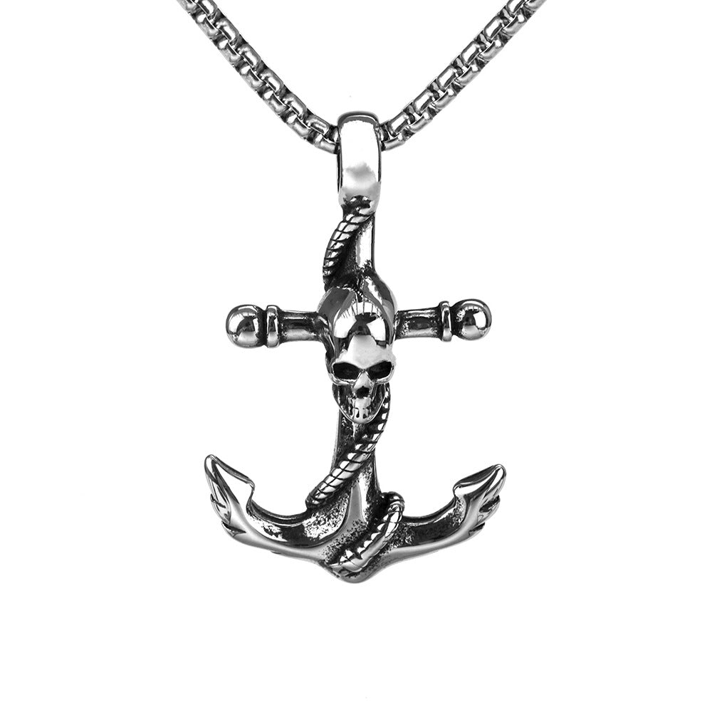 European And American Retro Men's Stainless Steel Pendant Boat Anchor Skull Necklace