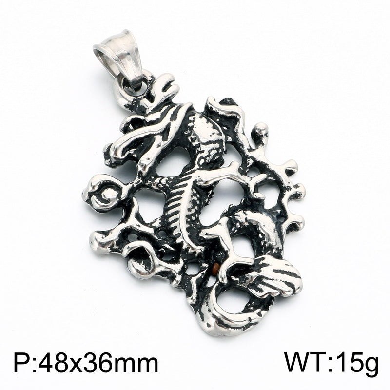 Chinese Style Retro Zodiac Dragon Necklace Stainless Steel Double Dragon Play Bead Pendant