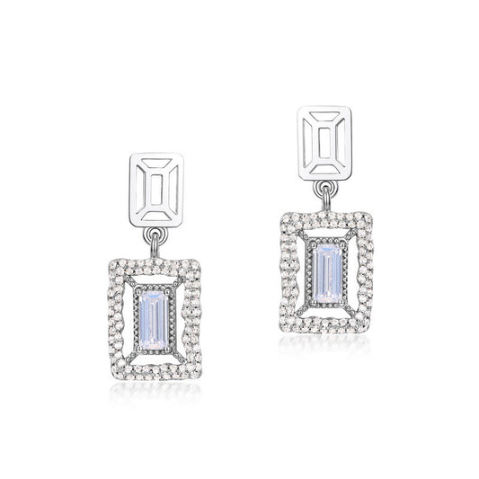 Rectangle Zircon with Wavy Halo Sterling Silver Drop Earrings