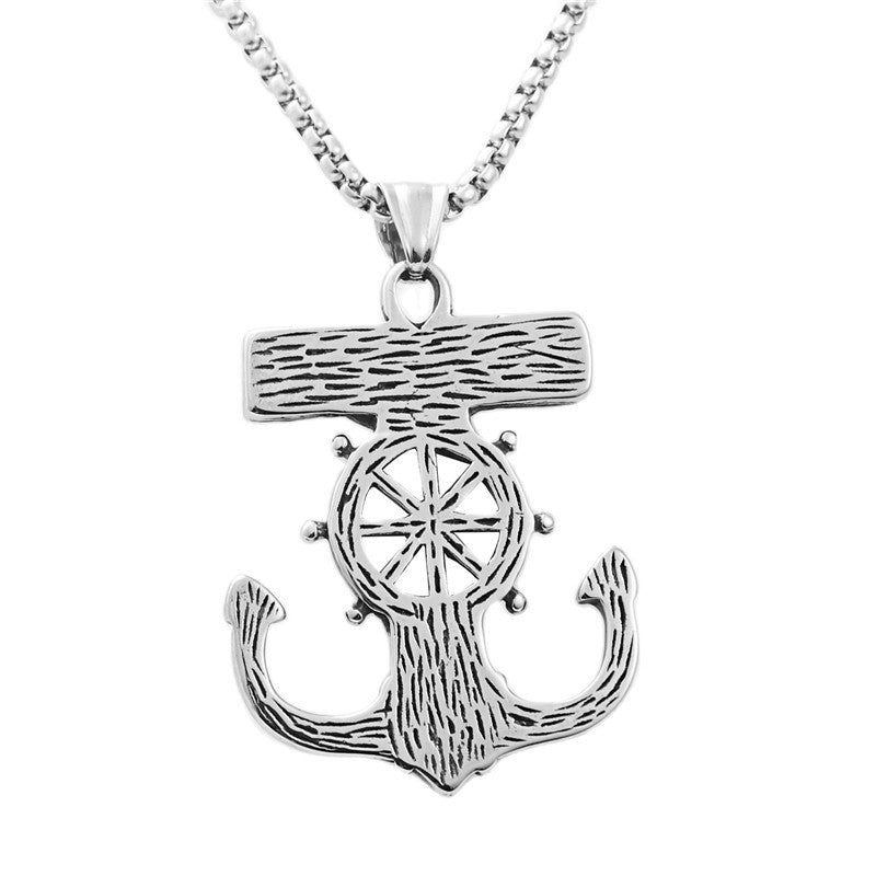 Titanium Steel Anchor Rudder Pendant Necklace for Men - Vintage Punk Style
