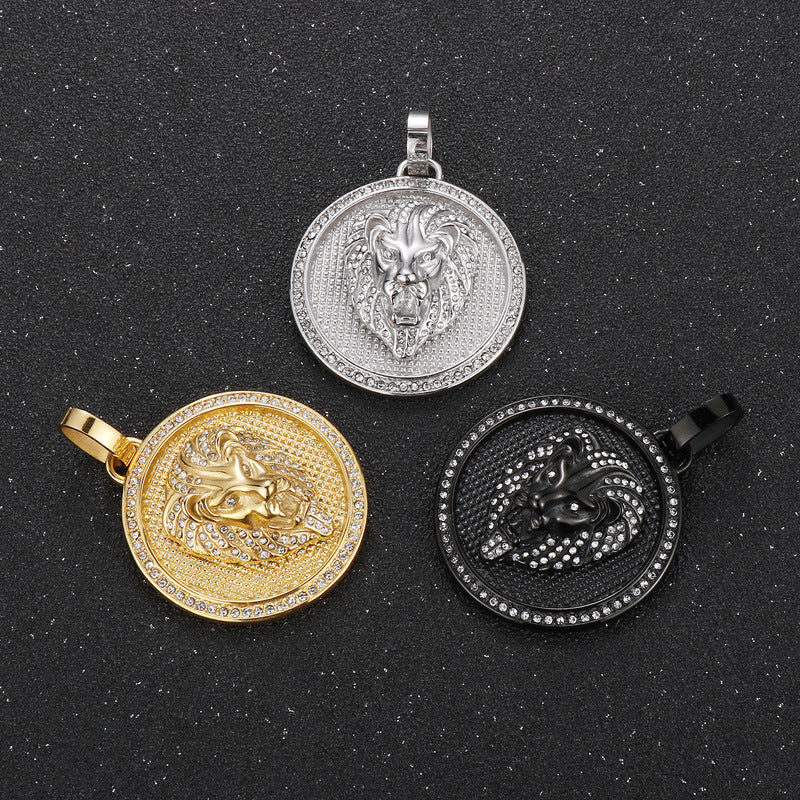 Rock Hip Hop Round Pendant, Retro Electroplated 18k Gold Slightly Inlaid Zircon Lion Necklace