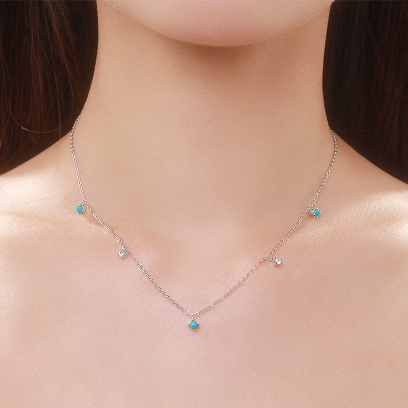 Turquoise Inlaid Sterling Silver Necklace with Simple Japanese and Korean Fashion Design