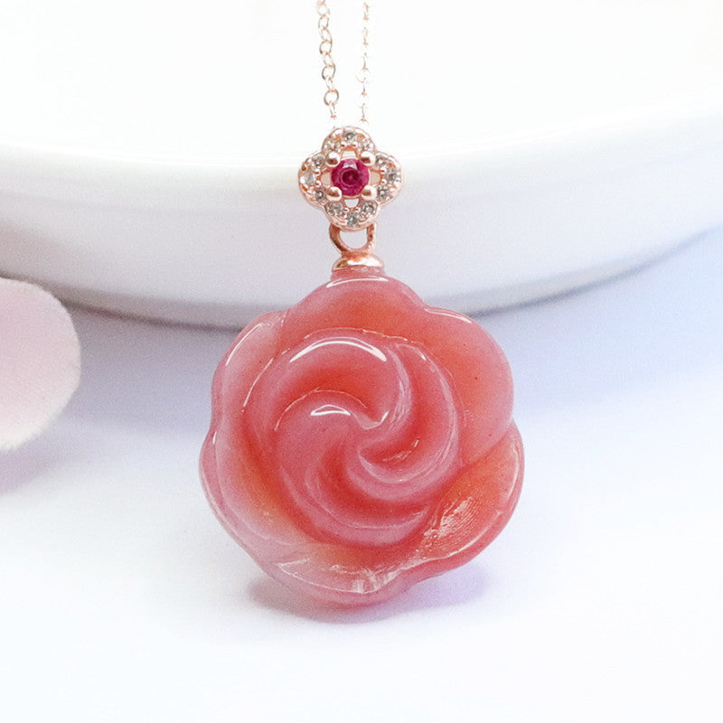 Agate Flower Pendant Sterling Silver Necklace with Zircon Rose Gold Accent
