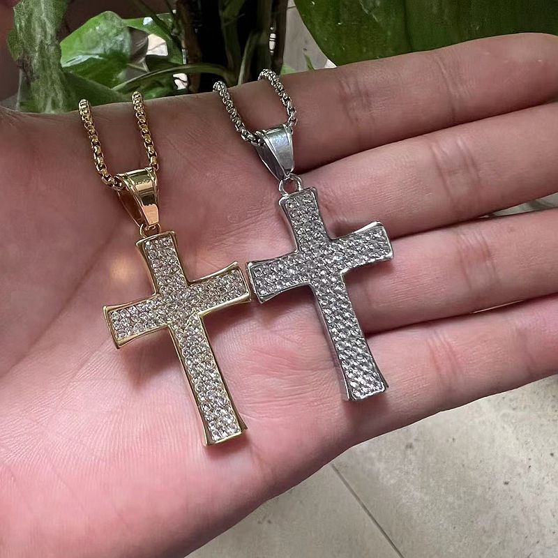 Planderful Everyday Genie Hip Hop Cross Pendant Necklace Titanium Steel Gold Plated Rhinestone For Fans