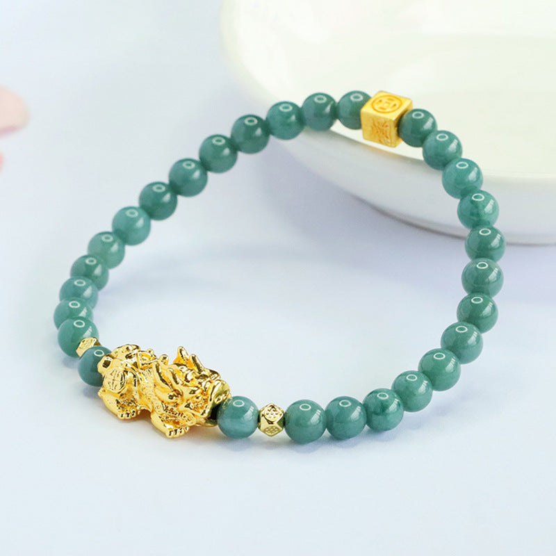 Blue Water Jadeite Pixiu & Round Bead 5.8 mm Bracelet