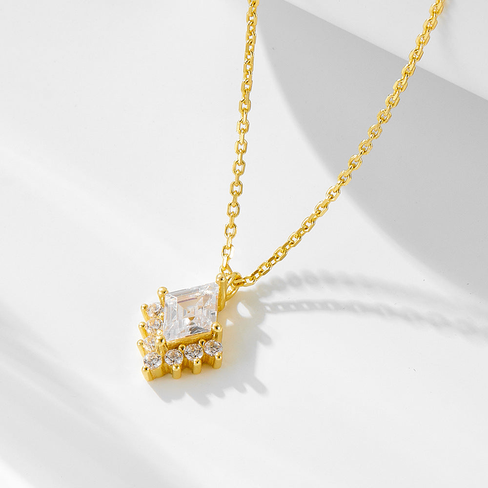 925 Sterling Silver Geometric Rhombus Zircon Pendant Necklace Style Versatile Necklace