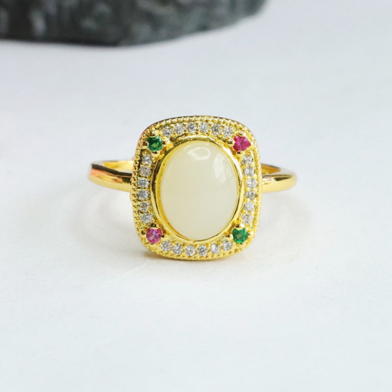 Oval Natural Hotan Jade Ring with Rectangle Zircon Accent
