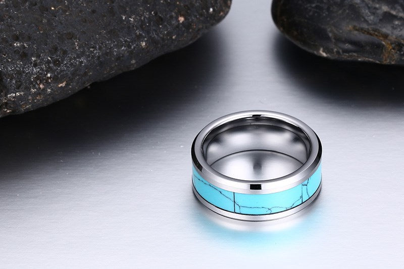 Tungsten Steel Ring Gold Flat Edge Turquoise Wholesale Men