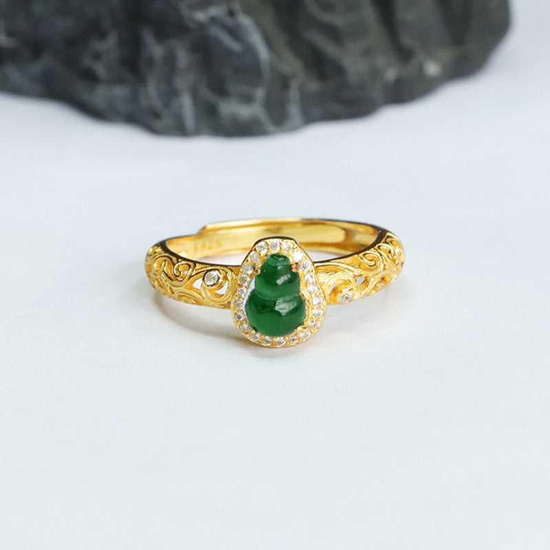 Hollow Sterling Silver Gourd Ring with Natural Ice Green Jade