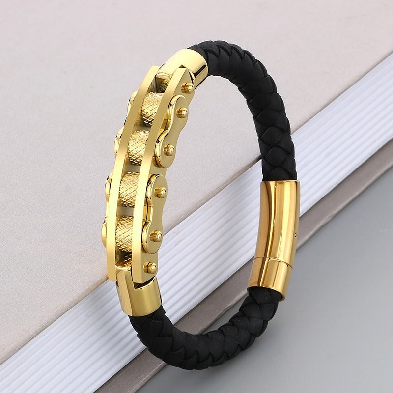 Business Style Strap Chain Woven Leather Rope Bracelet – Stainless Steel Bicycle Chain