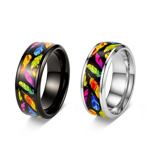 Rainbow Feather Patch Stainless Steel Ring By Planderful Everyday Genie Unisex Statement Jewelry For Bold Fashion Lovers