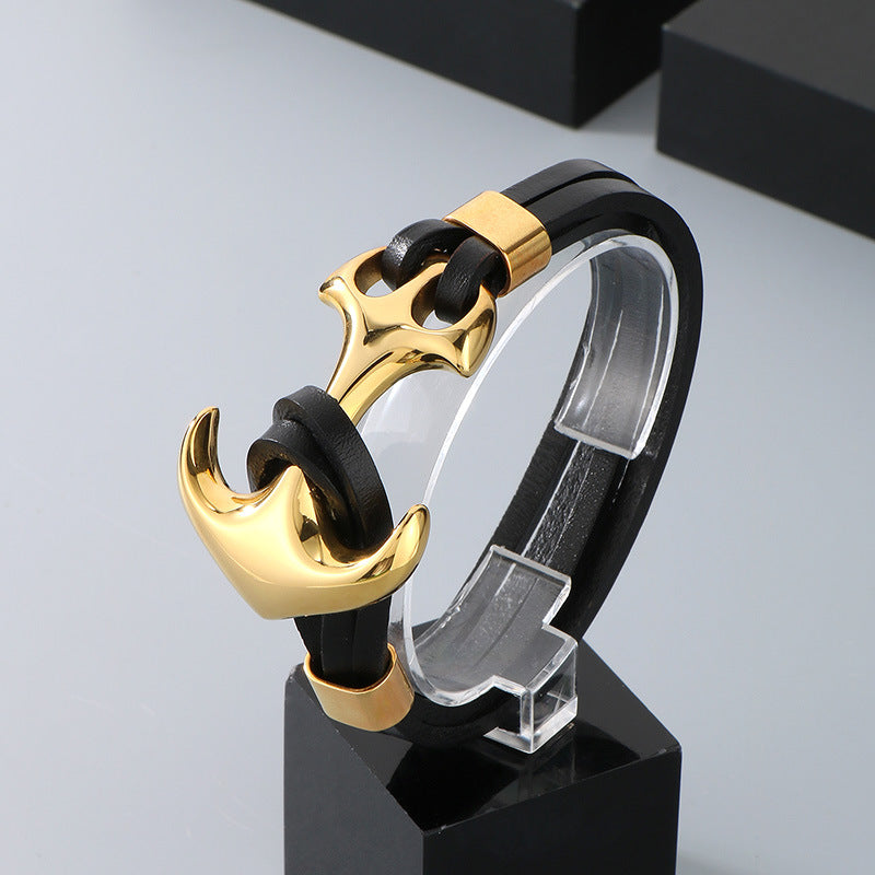 Planderful Men Pirate Durable Steel Cowhide Anchor Bracelet