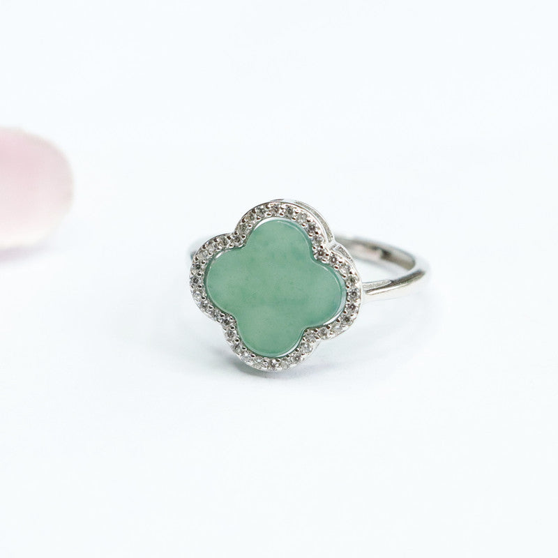 Natural Ice Blue Green Jade Sterling Silver Clover Ring