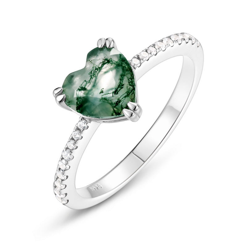 S925 Sterling Silver Moss Agate Heart Prong-Set Ring