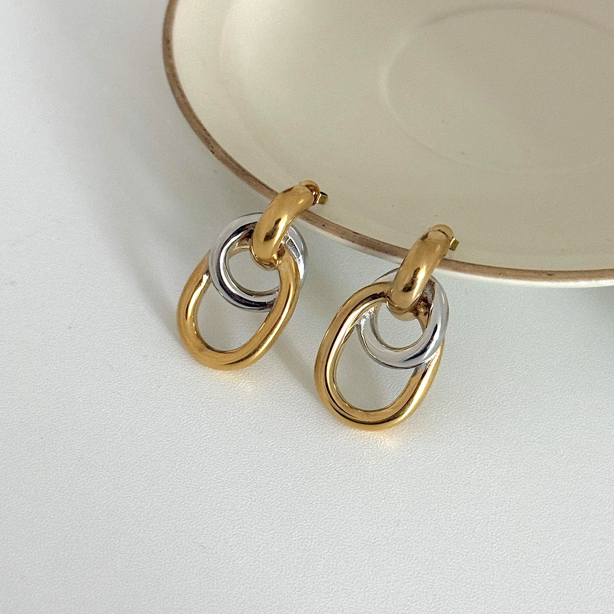 Planderful Stainless Steel Double Ring Earrings Color Block Geometric Versatile Statement For Women