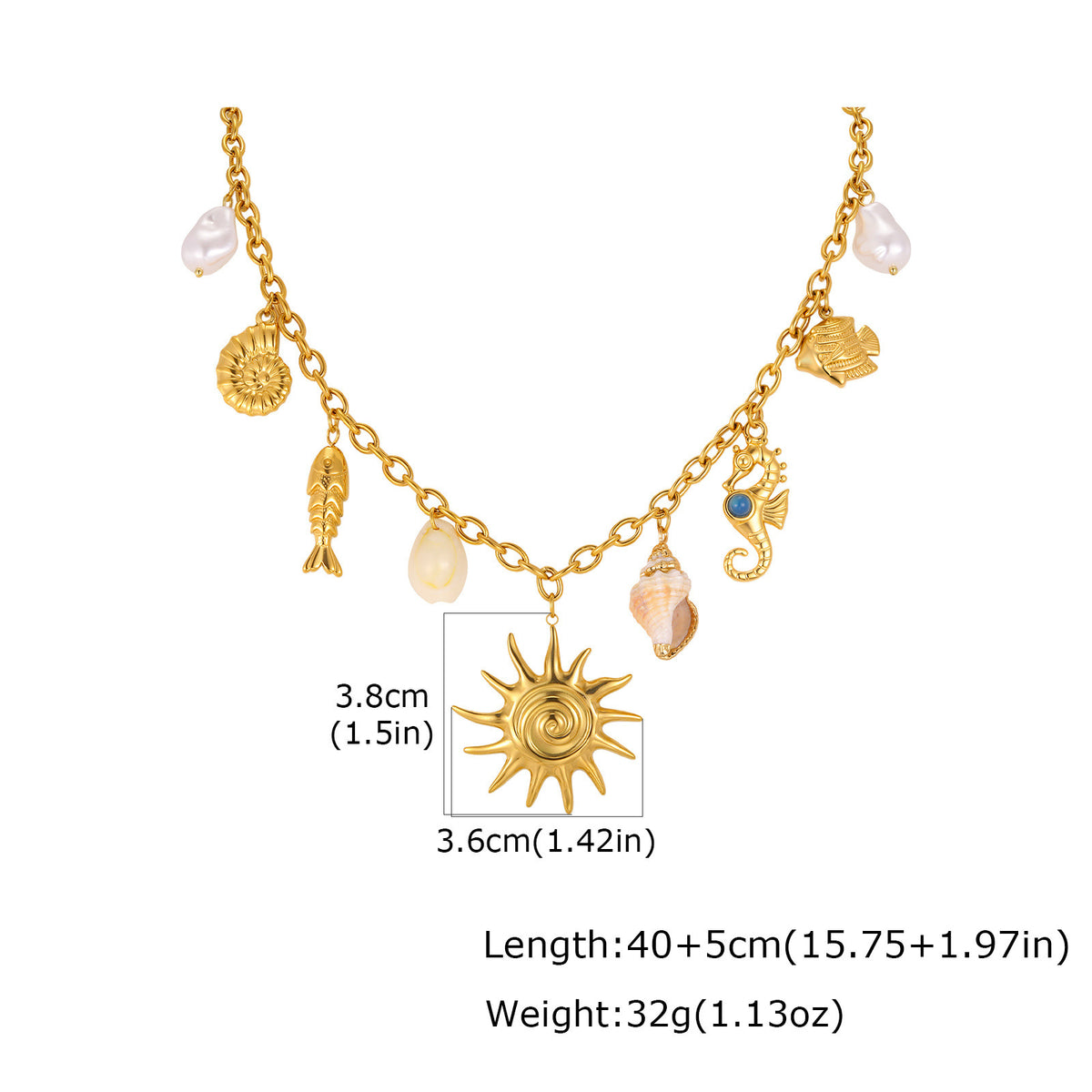 Ocean Wind Stainless Steel Pearl Conch Fish Shell Sun Seahorse Hollow Fish Necklace