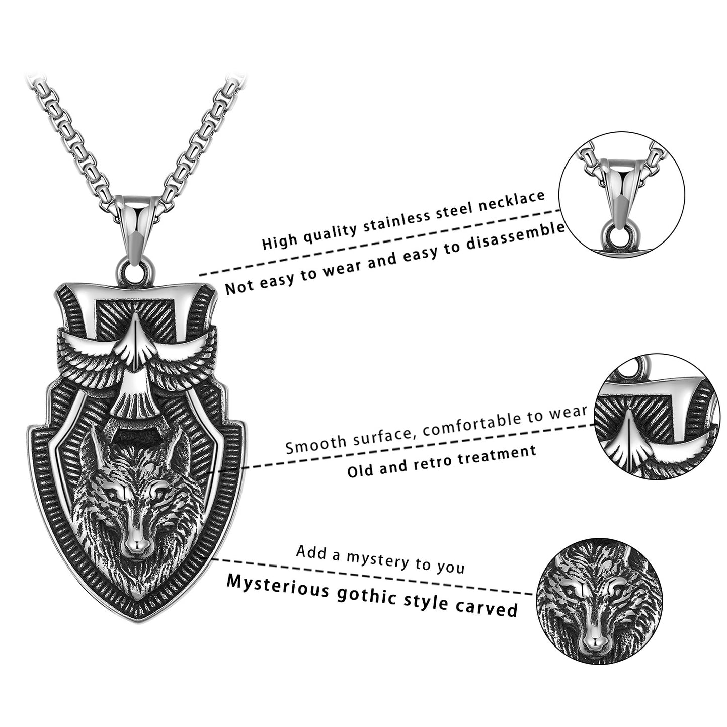 Steel Necklace – Statement For Men Retro Eagle Shield Wolf Head Pendant With Bold Detailing