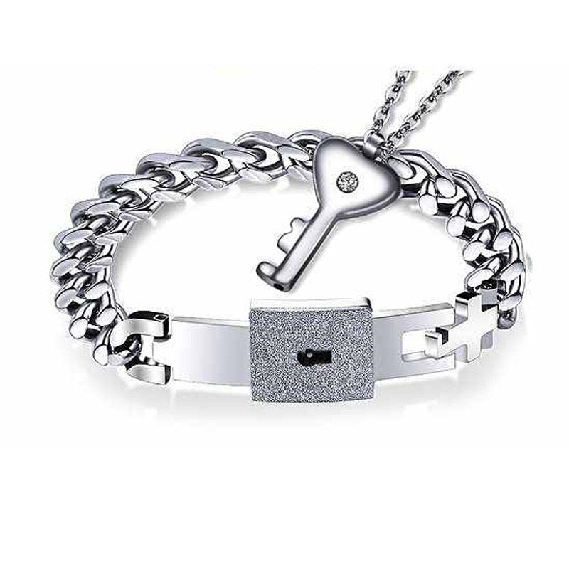 Planderful Stainless Steel Couple Jewelry Set Concentric Lock Bracelet And Necklace For Him And Her