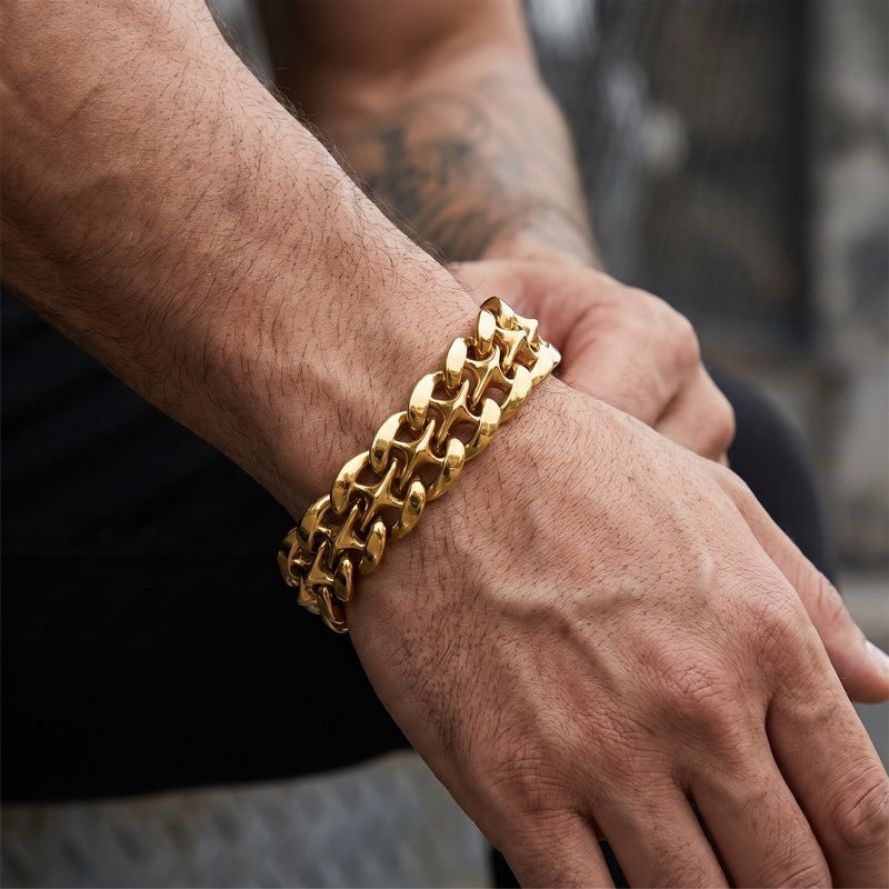 Hip-Hop Rock Street 19mmx Type Hollow Cuban Chain Stainless Steel Men's Bracelet