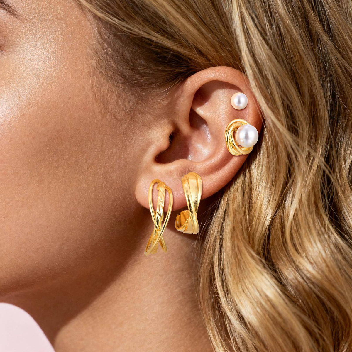 Zircon & Pearl Heart Earring Set — Four Pieces