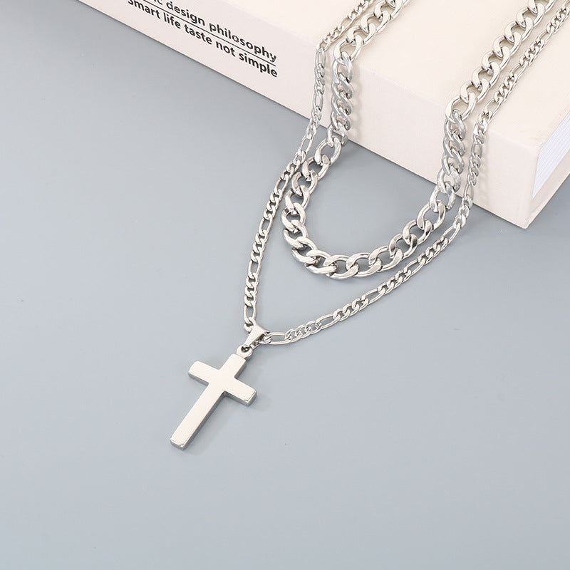 Retro Lettering Cross Necklace, And Nk Chain Double-Layer Stacked Stainless Steel Men's Necklace