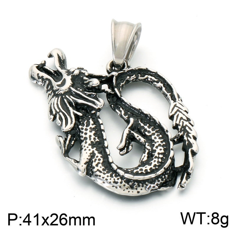 Chinese Style Retro Zodiac Dragon Necklace Stainless Steel Double Dragon Play Bead Pendant