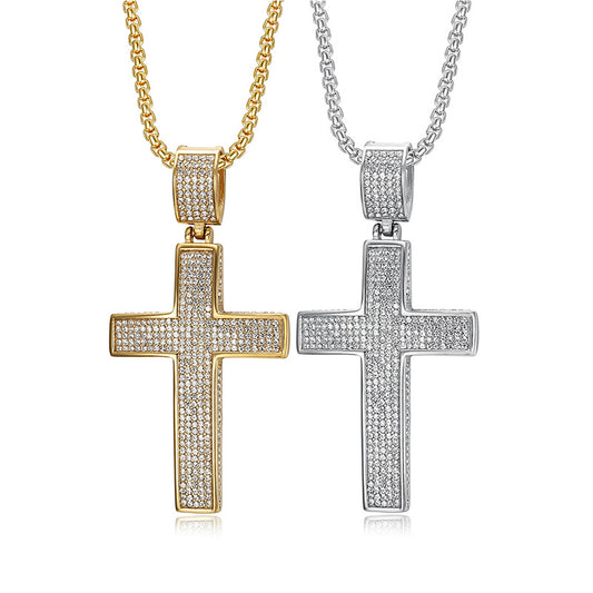 Planderful Hip Hop Cross Pendant Necklace For Streetwear Fans Gold Plated Stainless Steel Rhinestone Jewelry