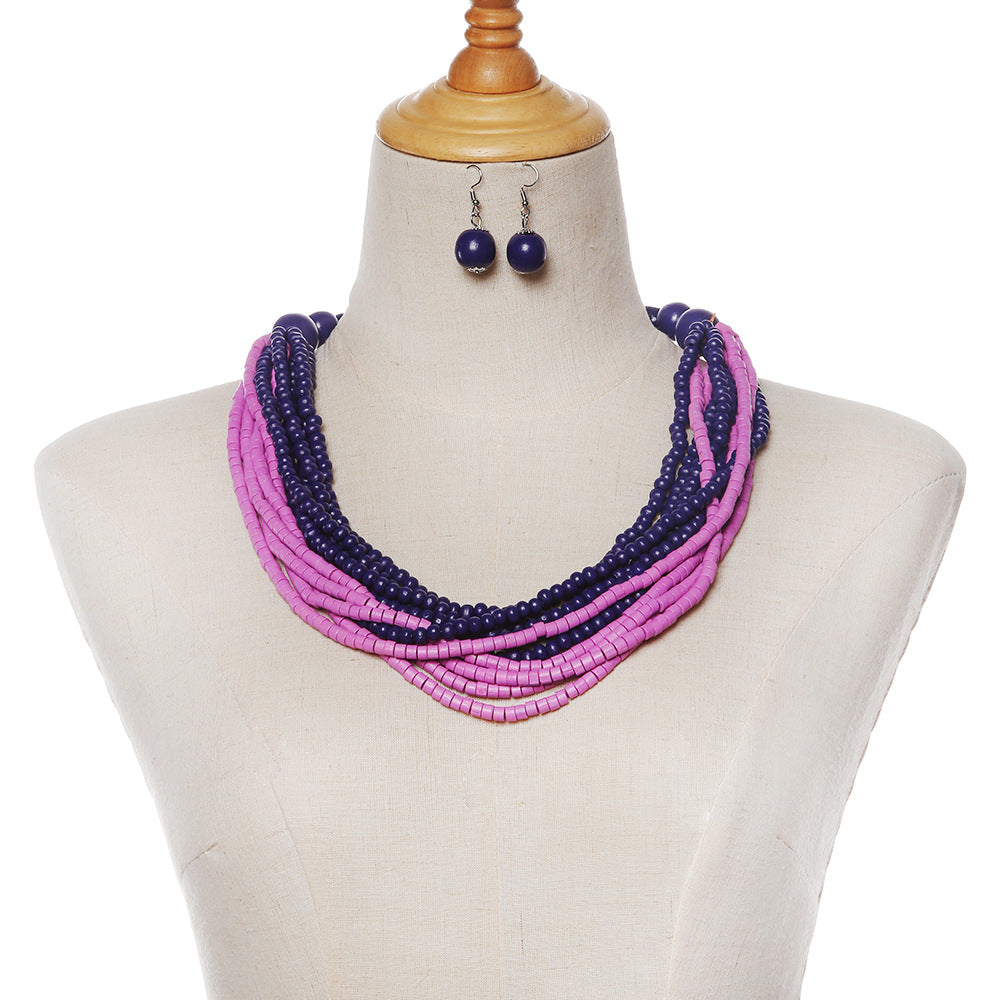 Exquisite Ethnic Style Wooden Bead Necklace with Vibrant Colors - Handmade Boho Jewelry Set