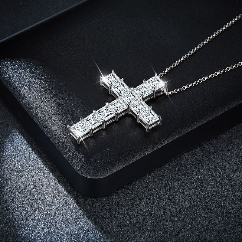 1.0 Carat Princess Cut Moissanite Cross Silver Necklace