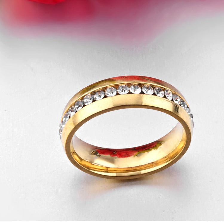European – American Gold Zircon Ring – Stainless Steel Circumference Pavé Zircon