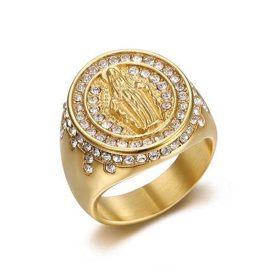 Planderful Virgin Mary Ring For Men Stainless Steel Gold Plated Zircon Hip Hop Jewelry