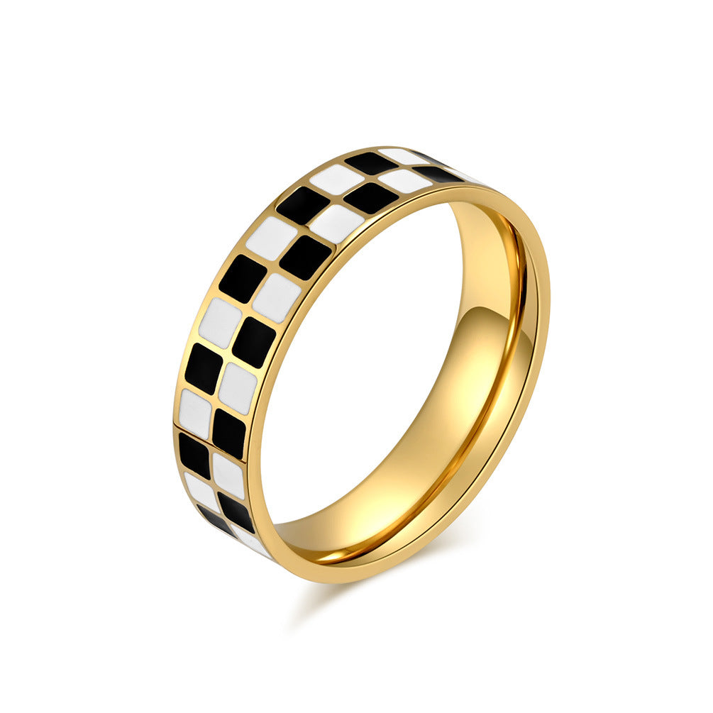 European And American Fashion Black And White Checkerboard Stainless Steel Tail Ring Women's Square Fashion Jewelry